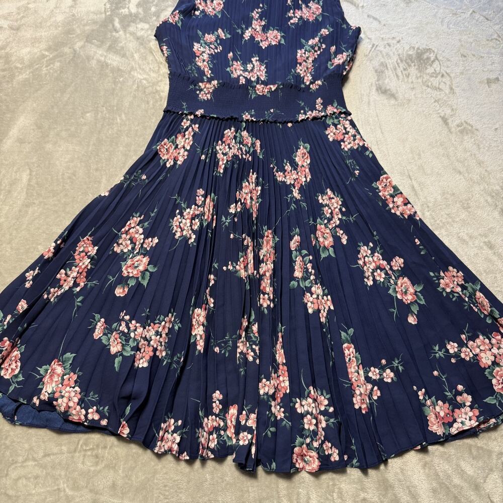 Nanette Lepore Cocktail Dress Navy Pink Floral Pleated Smocked Waist Size 12 - Picture 3 of 9